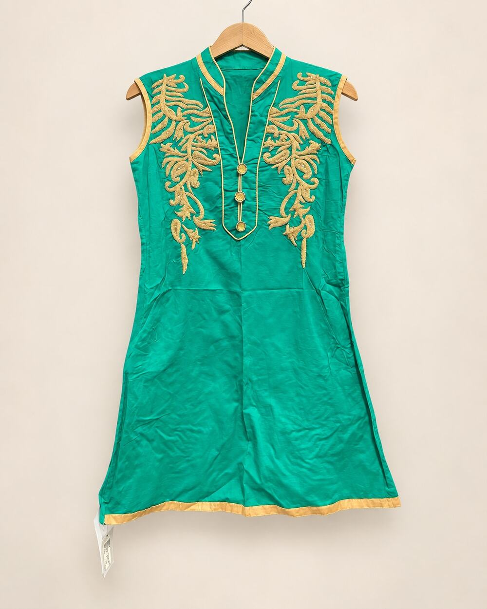 Green & Gold Embroidered Sleeveless Cotton Kurta Tunic India Preloved